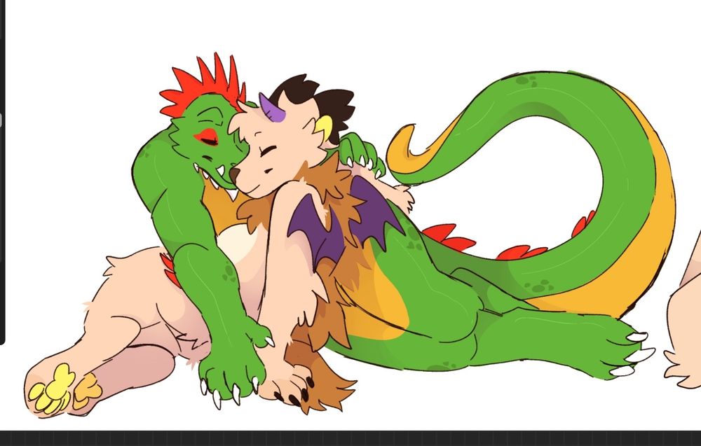 My wolf/dragon fursona Mae embracing my partner's lizard sona Giorno