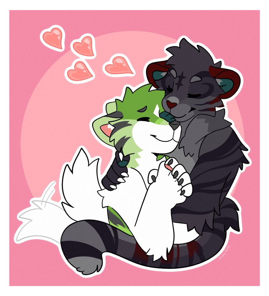 A tiger kiss licking a hyena 