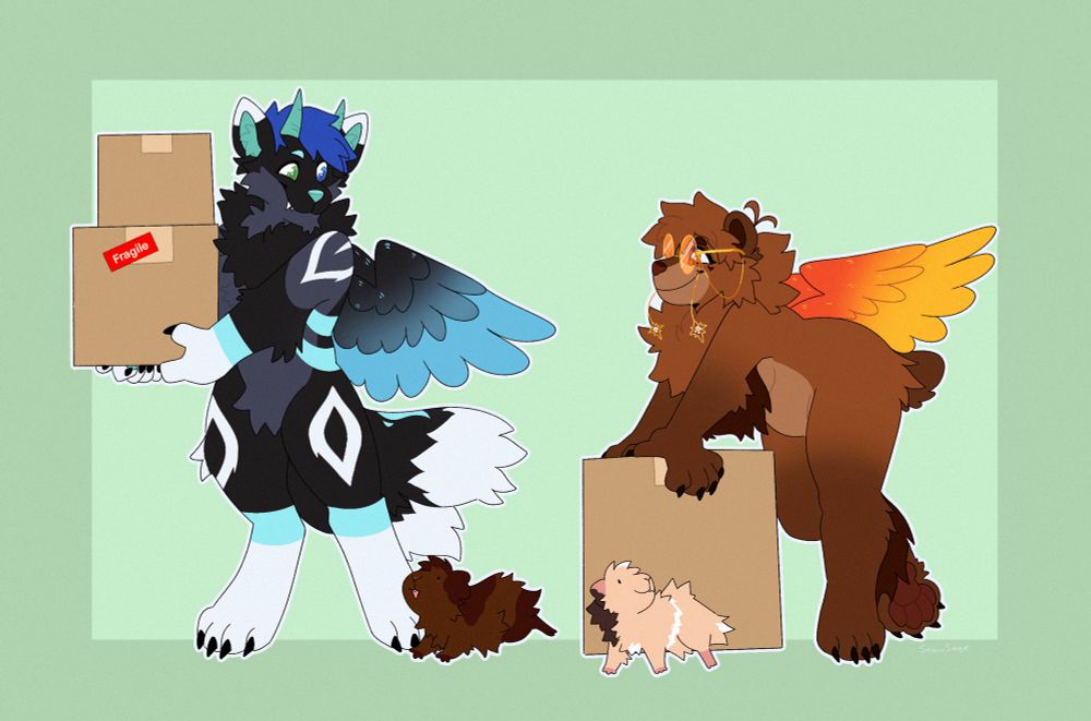 Onyx the wolf/dragon hybrid and Kipper the bear moving boxes together, with their Guinea pigs running around by their feet 