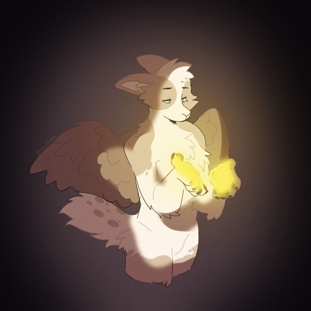 Hollis with glowing hands in a dark atmosphere. He looks down at his paws with a melancholy, but curious gaze 