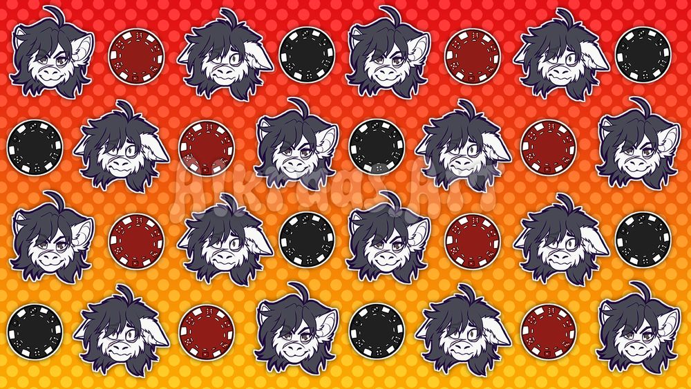 Digital art. A repeating pattern consisting of two head shots of a white furry character with black hair and scars; on one they look cocky, on the other they look terrified. The character is accompanied by two pokerchips, one being red, the other black. The background is a red to orange gradient with a polka dot pattern.