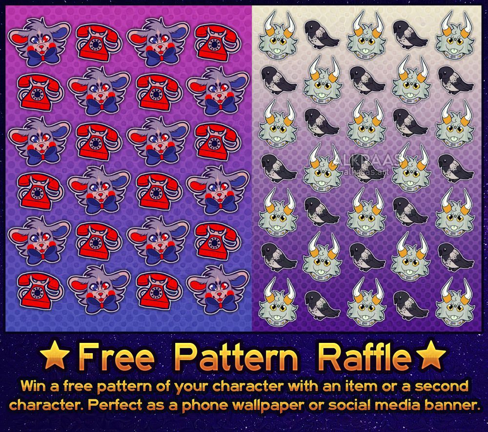 Advertisment of a free art raffle for a patterned illustration of someone's character.