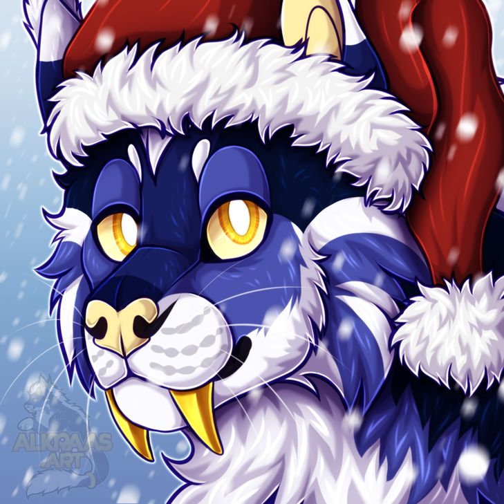 Digital art depicting a blue and white colored cat character with yellow eyes and golden saberteeth looking at the viewer. The cat is wearing a santa hat; the background is blue and filled with snowflakes.

