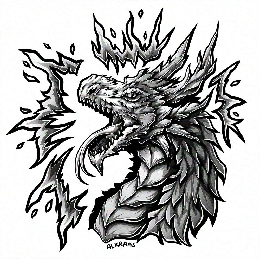 Digital Art of a monochromatic tatto design of a dragon. He is looking angry and roaring with his tongue out. His form is decorated with spikey scales and he has 8 horns. Around the dragon are spikey flames.
