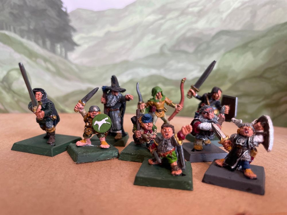 The Fellowship of the Ring (l to r) Strider, Merry, Gandalf, Sam, Legolas, Frodo, Gimli, Boromir, Pippin. 
