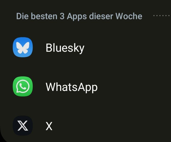 Screenshot der "3 besten Apps dieser Woche": Bluesky auf Platz eins, dahinter WhatsApp und X 