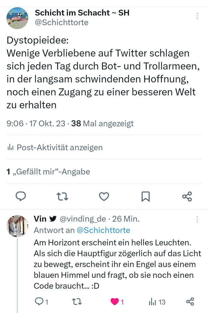 The story of how I feared of Twitter becoming dytopian and then @vinding saved me and invited me here. :)