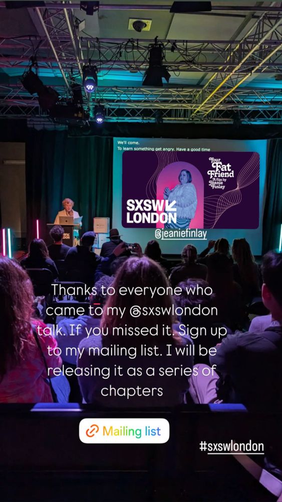 Director jeanie finlay stands in front of a screen that says your fat friend, a film by jeanie finlay, a picture of Aubrey Gordon,  the protagonist and a white logo - Sxsw London 