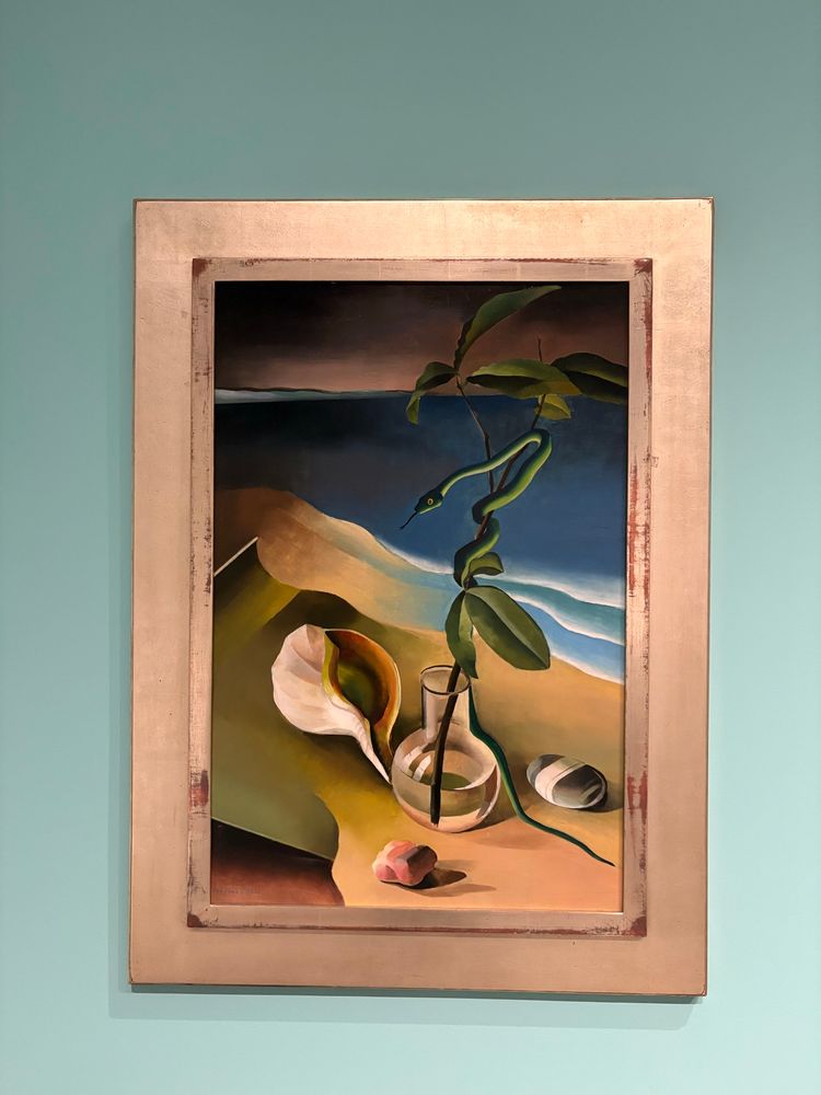 A surreal painting of a plant in a jar by a beach 