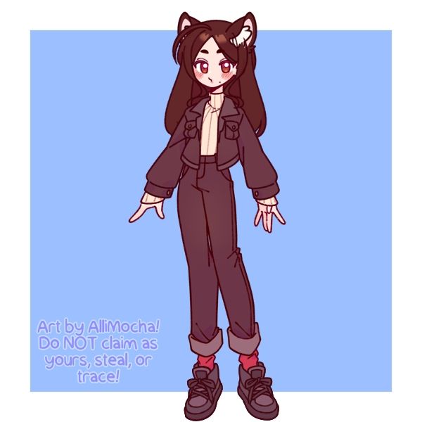 girl with brown hair and eyes wearing black jeans, black jacket with white pullover. she has animal ears resembling cat ears 