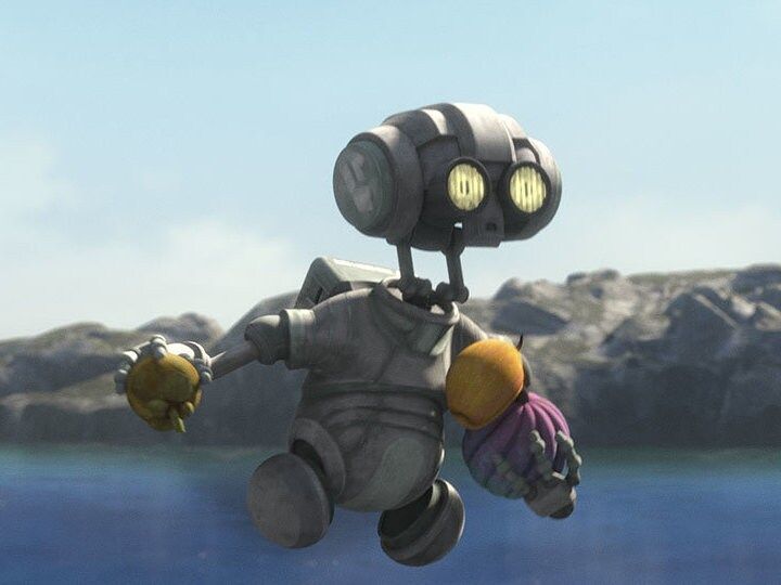 AZI-3 from "Star Wars: The Bad Batch" hovering in front of a lake and mountains.