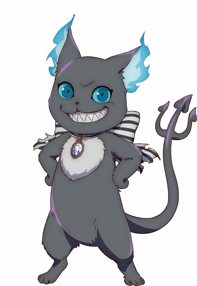 Grim from Twisted-Wonderland, standing proudly against a white background. He is a grey cat with flaming blue ears, a trident tail, and has sharp teeth and blue eyes. He wears a jewel on his white chest fur and a black and white striped bow.