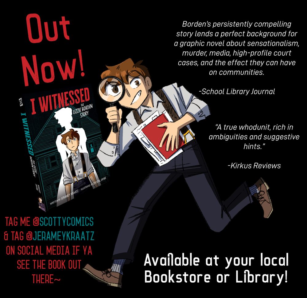 A promo image of the main character from the graphic novel "I Witnessed: The Lizzie Borden Story" holding a book with papers and a magnifying glass ready to solve the mystery! Out now at your local bookstore or library.