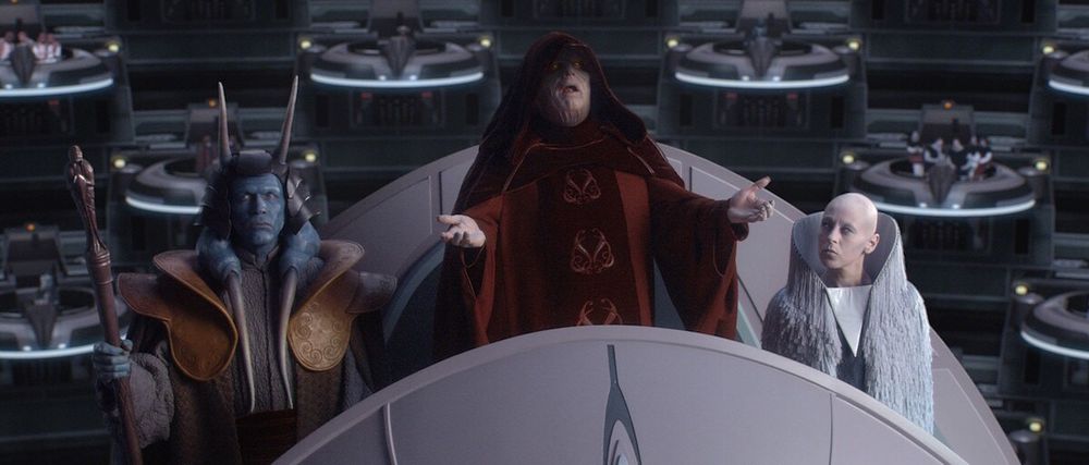 Palpatine, fresh from an assassination attempt, addressing the Senate