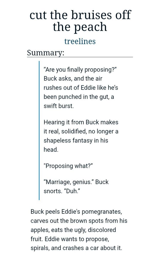 Summary for buddie fic called "cut the bruises off the peach" by treelines. 