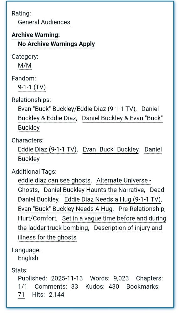 AO3 tags for buddie fic Dearly Departed by PhenomenalWoman