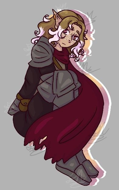 A short haired elezen girl in armour. She is curled up and her cape is swirling around her.