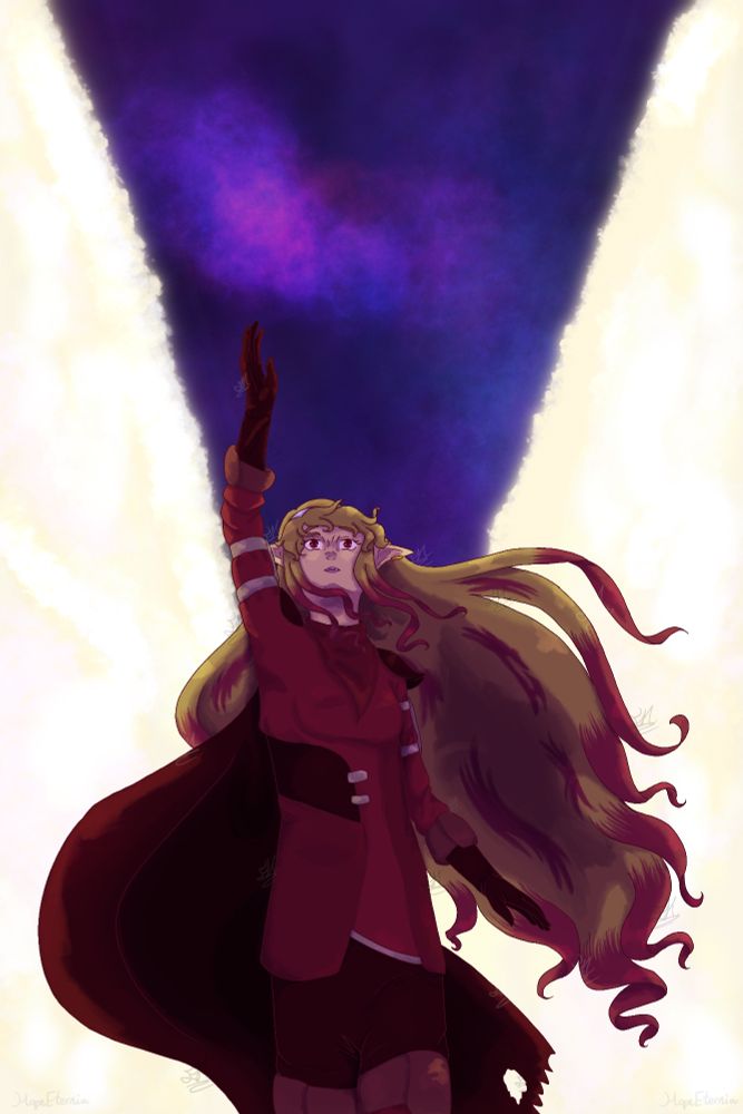 An elezen girl in dark pink with long hair is reaching up to the sky. The sky is split between bright light with the night sky in the middle.