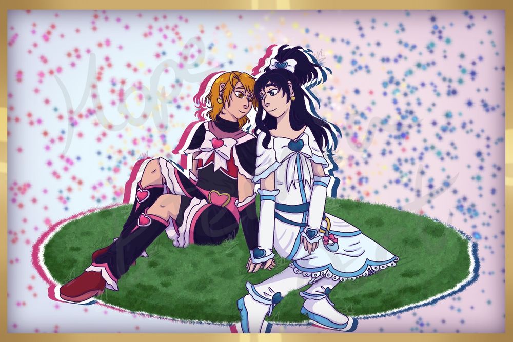 An image of Cure Black and Cure White from the original PreCure season/Futari wa Precure. They are sitting on a circular patch of green grass. Cure Black has short orange hair, fair skin and brown eyes. She is wearing a primarily black dress, with pink accents that includes a belt, a chest piece under a light pink bow that has a vibrant pink heart in the middle. Shorts are visible under the dress, the light pink of the bow on the chest appears as ruffles in various other places. She had black arm warmers and leg warmers, the heart accessory is reoccurring, her shoes are a muted pink. Cure White has long black-blue hair, with some of it pulled back into a short ponytail, she has pale skin and blue eyes. Her outfit is primarily in shades of white with various light blue accents, she has a dark blue belt that matches the heart on her own bow on her chest and the various hearts that’s on her outfit such as the white arm warmers and Legwarmer’s. The two are looking into each other’s eyes and Cure White’s right hand is on top of Cure Black’s left hand. The background is light blue and light pink on the opposite side of the cure’s secondary colour sparkles, which is pink for Cure Black and blue for Cure White. There is a gold outline to the entire piece.