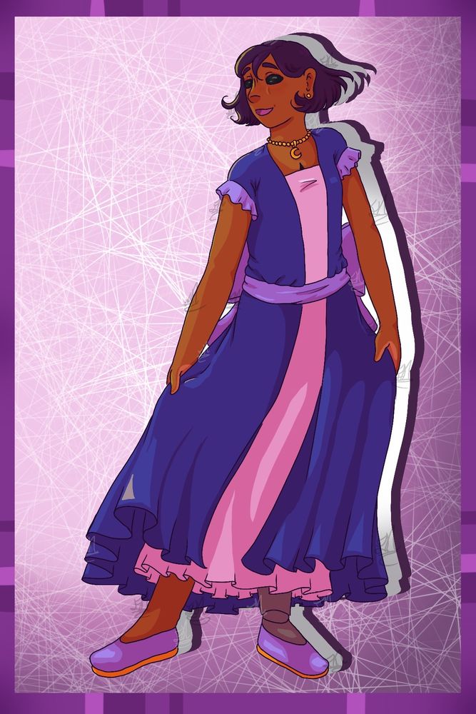 It is a humanoid with darker skin and short black hair. It has no pupils, black scalera for its eyes. It is dressed femininely in a pink and blue dress. It has a gold necklace with a moon charm on it, and emerging from the dress is the edge of a void. One of its legs is prosthetic. The background is a pinkish-purple with white strings/webs with a purple border around the image.
