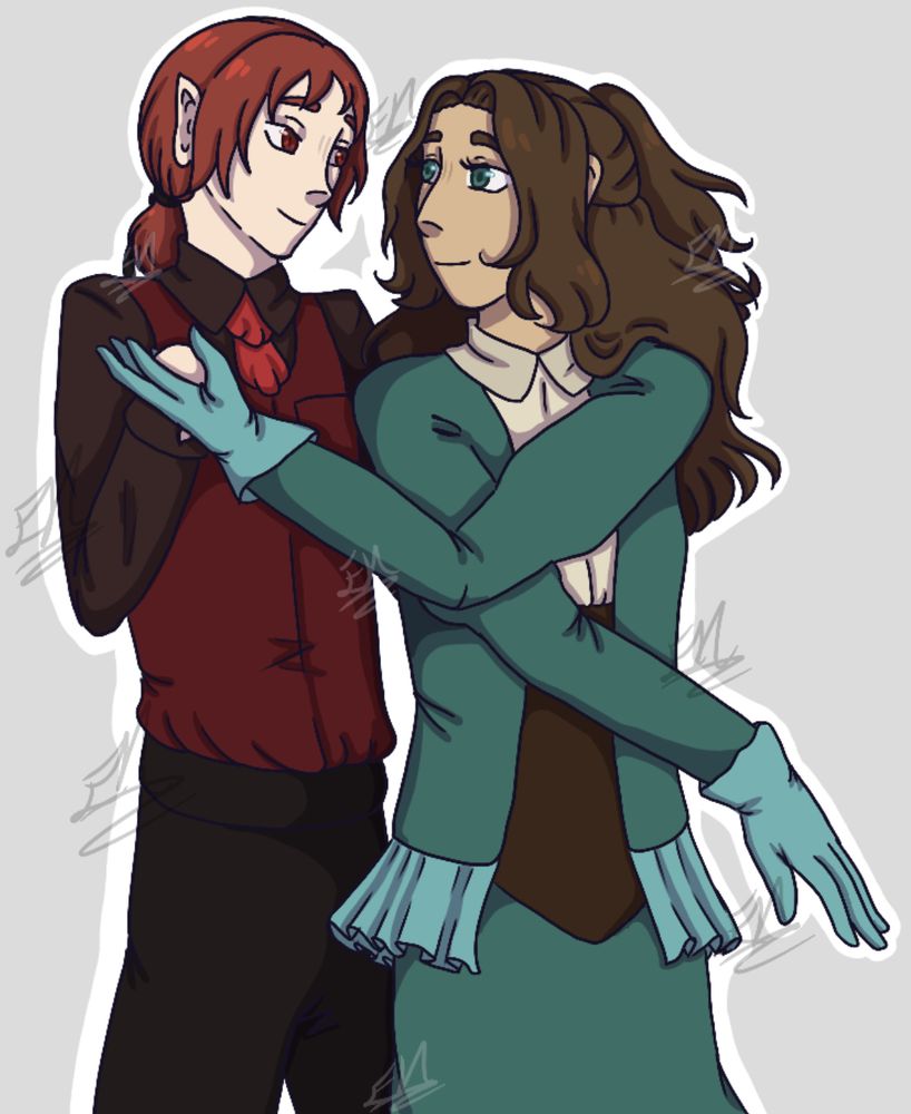 Theodore Nocturnus, a red haired vampire, looks fondly at Rosalie Mills, a human. They are in an embrace that is much like dancing, looking at each other. They are dressed in semi formal clothes resembling a blend of the Victorian and Edwardian era fashion.