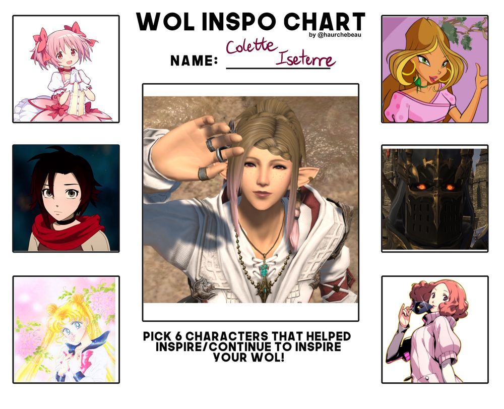 A meme that shows what inspires Colette Iseterre, my Warrior of Light, in the middle is a screenshot of her in game taken at the end of Dawntrail. She is looking up at the sky with her hand raised to block the Sun. The images around her are, Madoka Kaname from Puella Magi Madoka Magica, Ruby Rose from RWBy, Usagi Tsukino from Sailor Moon, Flora from The Winx Club, Fray from FFXIV and Haru Okumura from Persona 5.