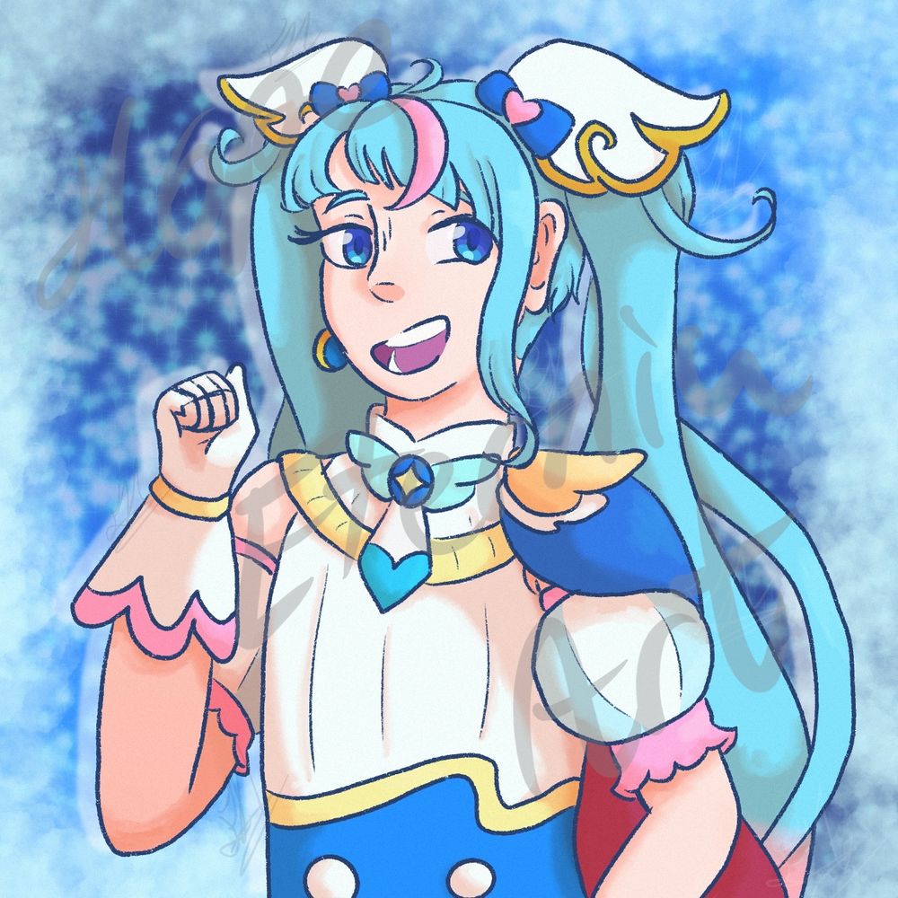 Cure Sky, the leader of the Hirogaru Sky PreCure team. She has light blue hair tied in two long ponytails by white wing accessories with a blue ribbon at the base. Her hair close to the bottom transitions to pink. Her open eyes are blue and she is giving a wide smile. She has a white sleeveless top with a white and blue tie at the neck, held up by a blue circle charm with a yellow Diamond on it and light blue wings attached to it. She has detached bubble sleeves on the middle of her upper arm, they are white and light blue with pink on the top and bottom half, the bottom of the sleeves flare out a bit. Her blue skirt starts high up with a sort of partial corset, lined yellow with two white buttons on it. She is holding her right arm up, in a fist clasped motion like a “we can do it” motion, she is wearing a white fingerless glove with a yellow bracelet and pink on the flared off bottom. Her most striking feature is the half cape, tied by a gold rope and wing shaped epaulet, it is a blue on the outside but the inside of the cape is a deep pink. The background is blue with sparkles, along the edges of the image are clouds.