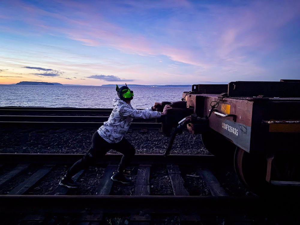 Skippy attempting to push a train car and failing miserably.