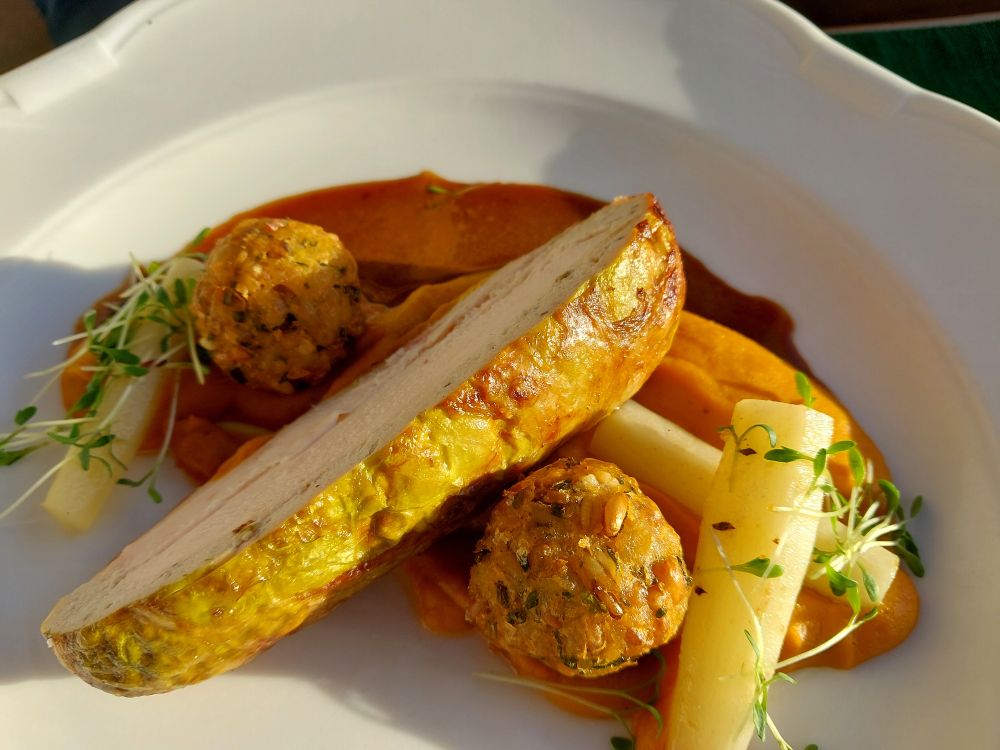 Weisser Teller mit Hühnerbrust auf brauner Pilzdingsbumsirgendwassauce (sorry, hab' ich vergessen) mit Knödel und Schwarzwurzeln