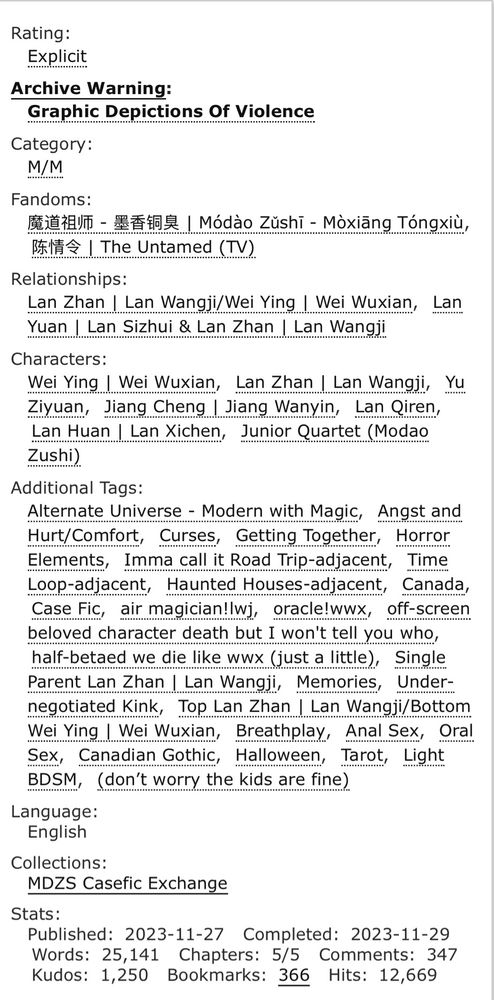 Screenshot of ao3:

Rating:
Explicit
Archive Warning:
Graphic Depictions Of Violence
Category:
M/M
Fandoms:
魔道祖师 - 墨香铜臭 | Módào Zǔshī - Mòxiāng Tóngxiù陈情令 | The Untamed (TV)
Relationships:
Lan Zhan | Lan Wangji/Wei Ying | Wei WuxianLan Yuan | Lan Sizhui & Lan Zhan | Lan Wangji
Characters:
Wei Ying | Wei WuxianLan Zhan | Lan WangjiYu ZiyuanJiang Cheng | Jiang WanyinLan QirenLan Huan | Lan XichenJunior Quartet (Modao Zushi)
Additional Tags:
Alternate Universe - Modern with Magic Angst and Hurt/Comfort Curses Getting Together Horror Elements Imma call it Road Trip-adjacent Time Loop-adjacent Haunted Houses-adjacent Canada Case Fic air magician!lwjoracle!wwxoff-screen beloved character death but I won't tell you who half-betaed we die like wwx (just a little )Single Parent Lan Zhan | Lan WangjiMemories Under-negotiated Kink Top Lan Zhan | Lan Wangji/Bottom Wei Ying | Wei Wuxian Breathplay Anal Sex Oral Sex Canadian Gothic HalloweenTarot Light BDSM (don’t worry the kids are fine)
Language:
English
Collections:
MDZS Casefic Exchange
Stats:
Published:2023-11-27 Completed:2023-11-29 Words:25,141 Chapters:5/5 Comments:347 Kudos:1,250 Bookmarks:366 Hits:12,669
