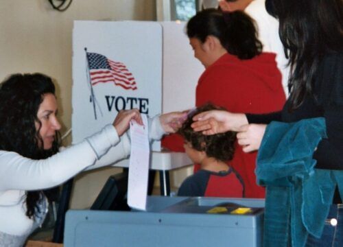 Voters casting ballots at a polling station in Burbank.