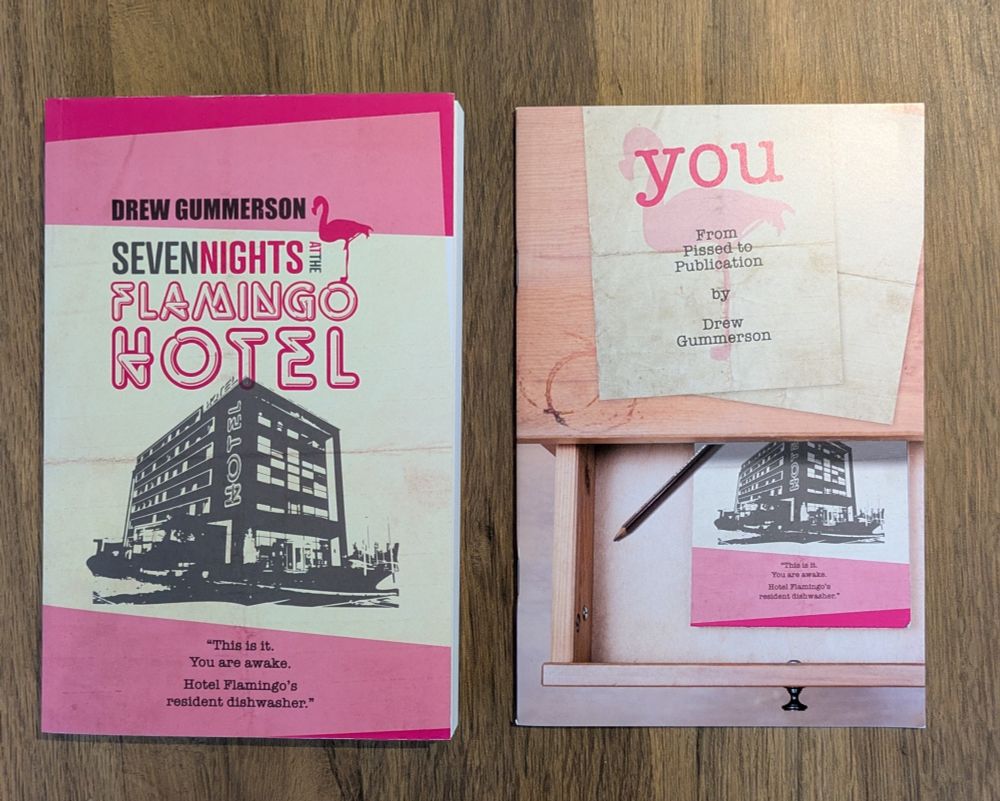 The covers of Seven Nights at the Flamingo Hotel and You: From Pissed to Publication by Drew Gummerson.