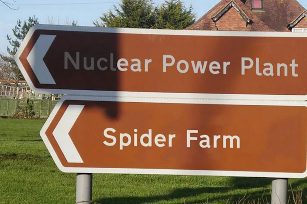 A pair of brown direction signs pointing left. The top one reads "Nuclear Power Plant" while to bottom reads "Spider Farm".