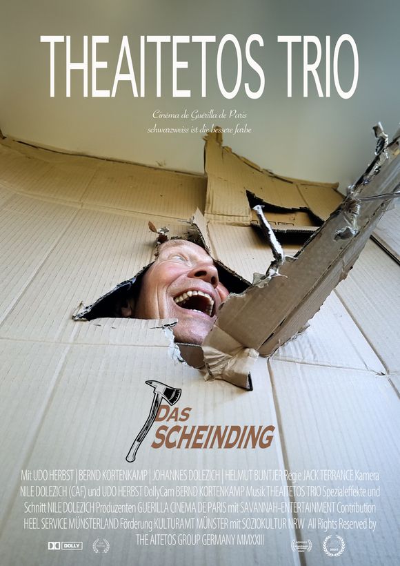 schräge Männer spielen the shining nach, im Bild: Mann schlägt sich mit einer Axt durch Pappe, guckt irre. Helle Farben, weiss, Pappbraun und Pappbeige. Alles weitere in der Caption! 