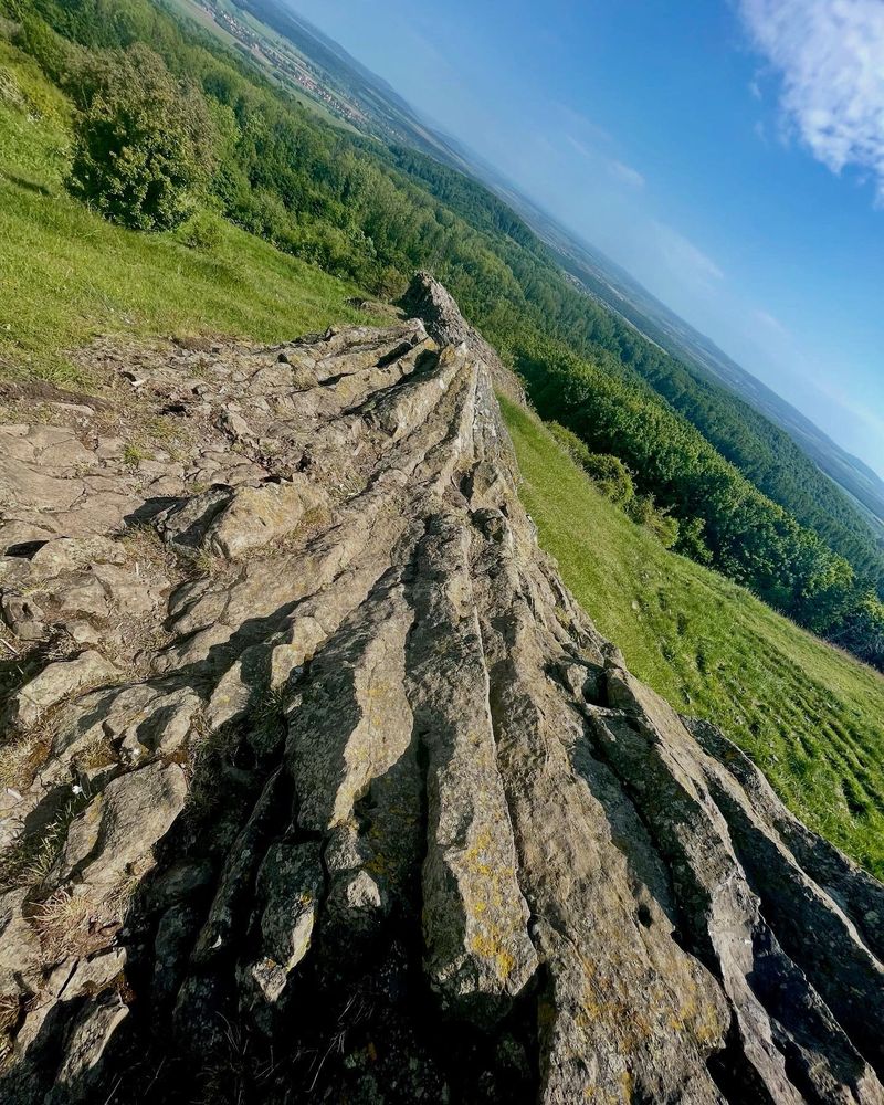Helfensteine, Lava-rocks, Hessen, Germany, Green Grass, Blue sky, wide landscape