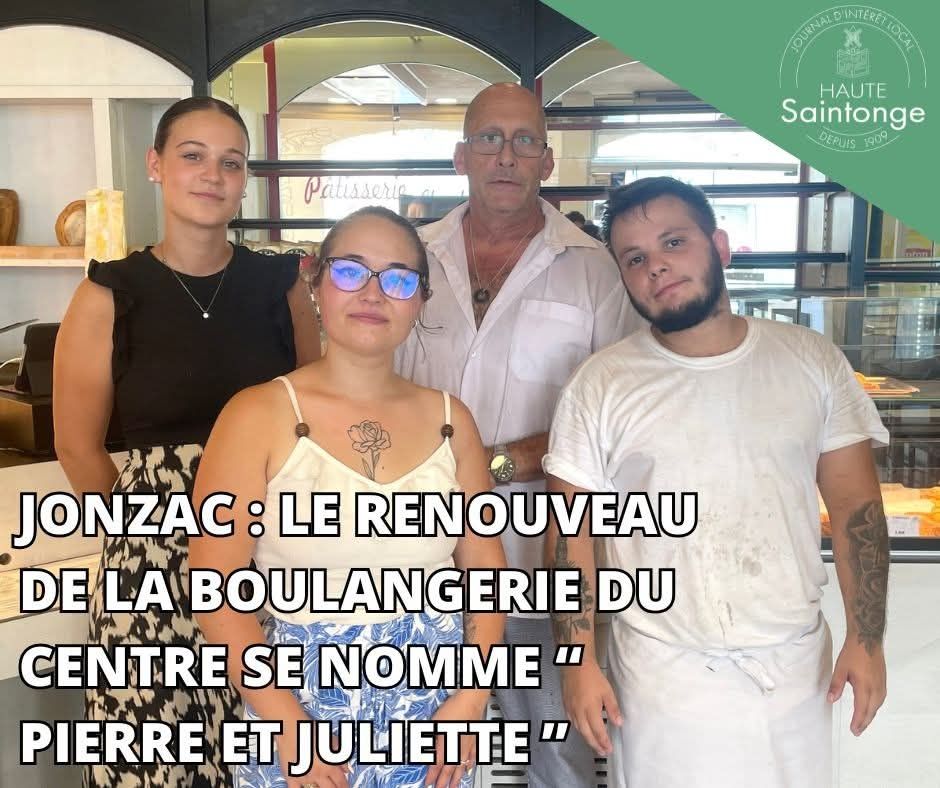 Photo de presse de haute Saintonge avec 4 personnes dessus et un titre qui dit "Jonzac : le renouveau de la boulangerie du centre se nomme pierre et Juliette"