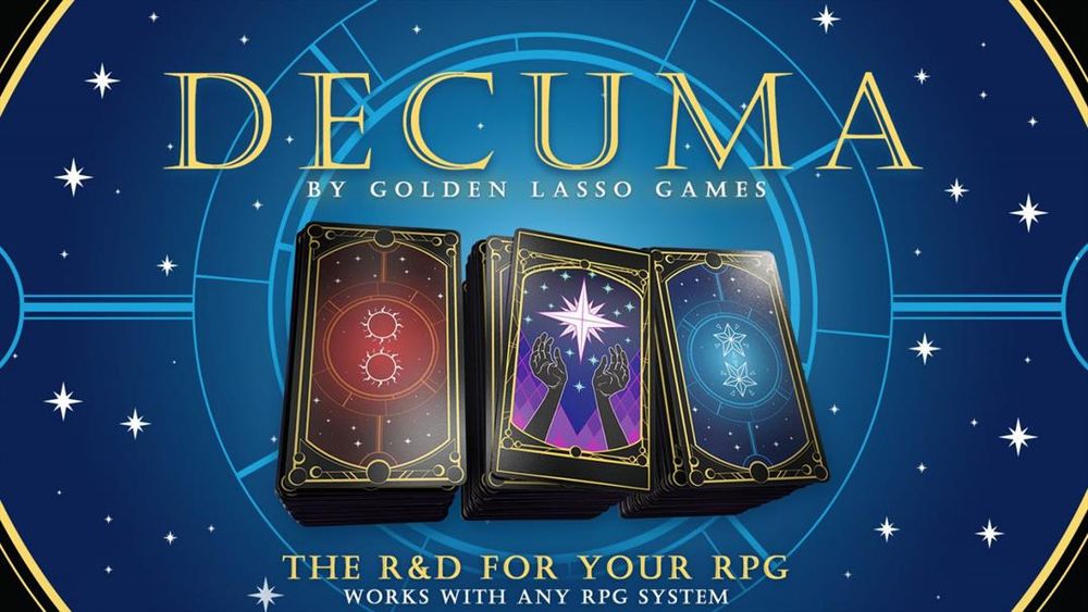 An ad card for the Decuma deck from Golden Lasso Games.
