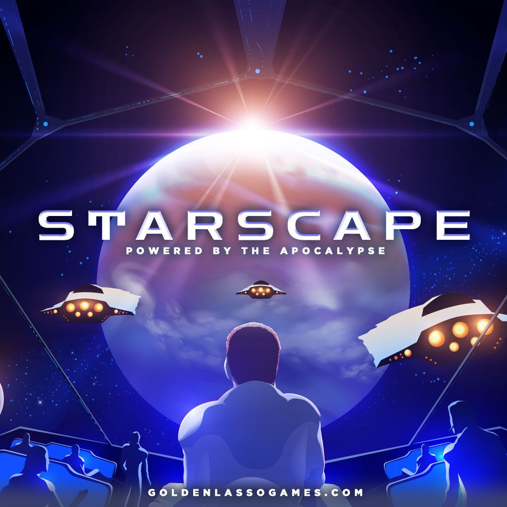 A captain gazes out of a starship window at a planet in the distance. There are other ships in formation. The title reads "Starscape: powered by the apocalypse by Golden Lasso Games"