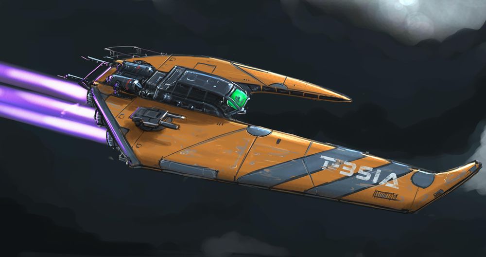 Art from Starscape by Golden Lasso Games. It features a yellow spacecraft zipping through a cloudy atmosphere. 