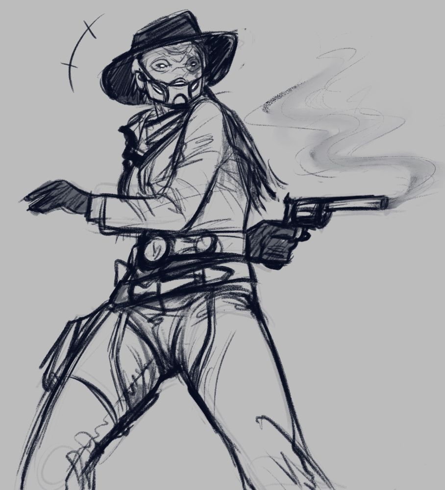 A sketch of a Destiny OC, Echo-3, dressed in Old Western cowboy clothes. She looks proud of herself as she fires off a pistol from behind her back.