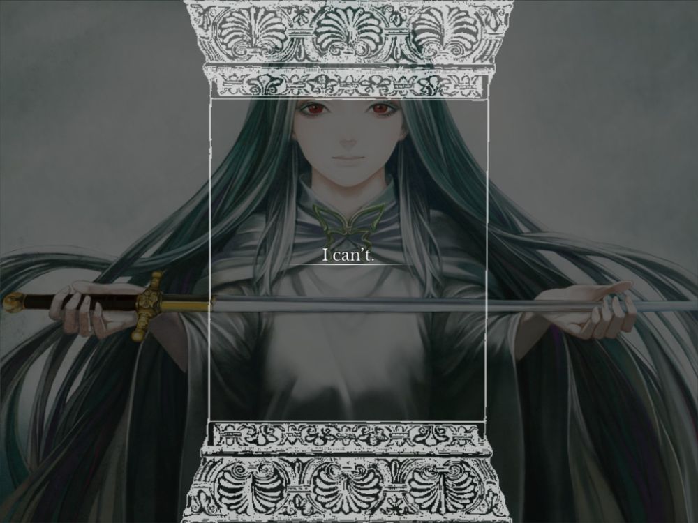 A white-haired girl wearing a white robe stands before the viewer, in an empty but bright void. she holds a sword up gently in both hands as if bestowing it to the one she faces, smiling gently.

A text offering a choice to the viewer is overlaid upon her, but there is only one option:

"I can't."