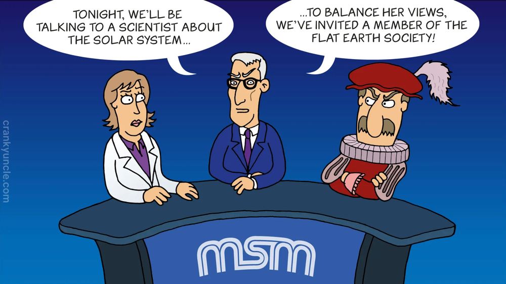 Cartoon of the mainstream media (MSM) hosting a debate between a scientist talking about the solar system and a member of the flat earth society.