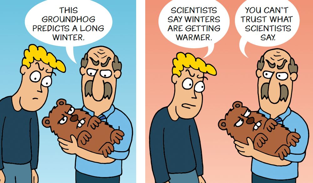 Cartoon of Cranky Uncle holding a groundhog saying “This ground predicts a long winter.” Man says “Scientists say winters are getting warmer.” Cranky Uncle responds “You can’t trust what scientists say.”