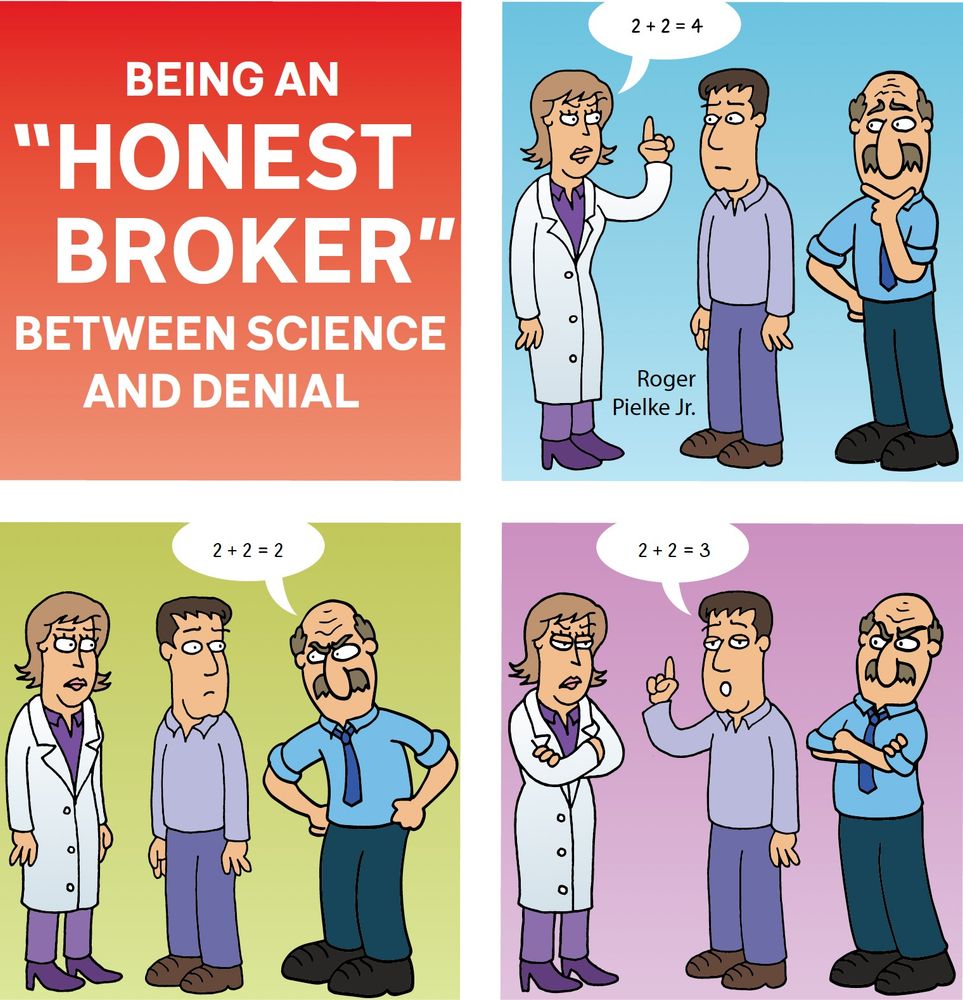 Cartoon about being an honest broker between science and denial. Scientist says "2 + 2 = 4". Cranky Uncle says "2 + 2 = 2". Roger Pielke Jr says "2 + 2 = 3"
