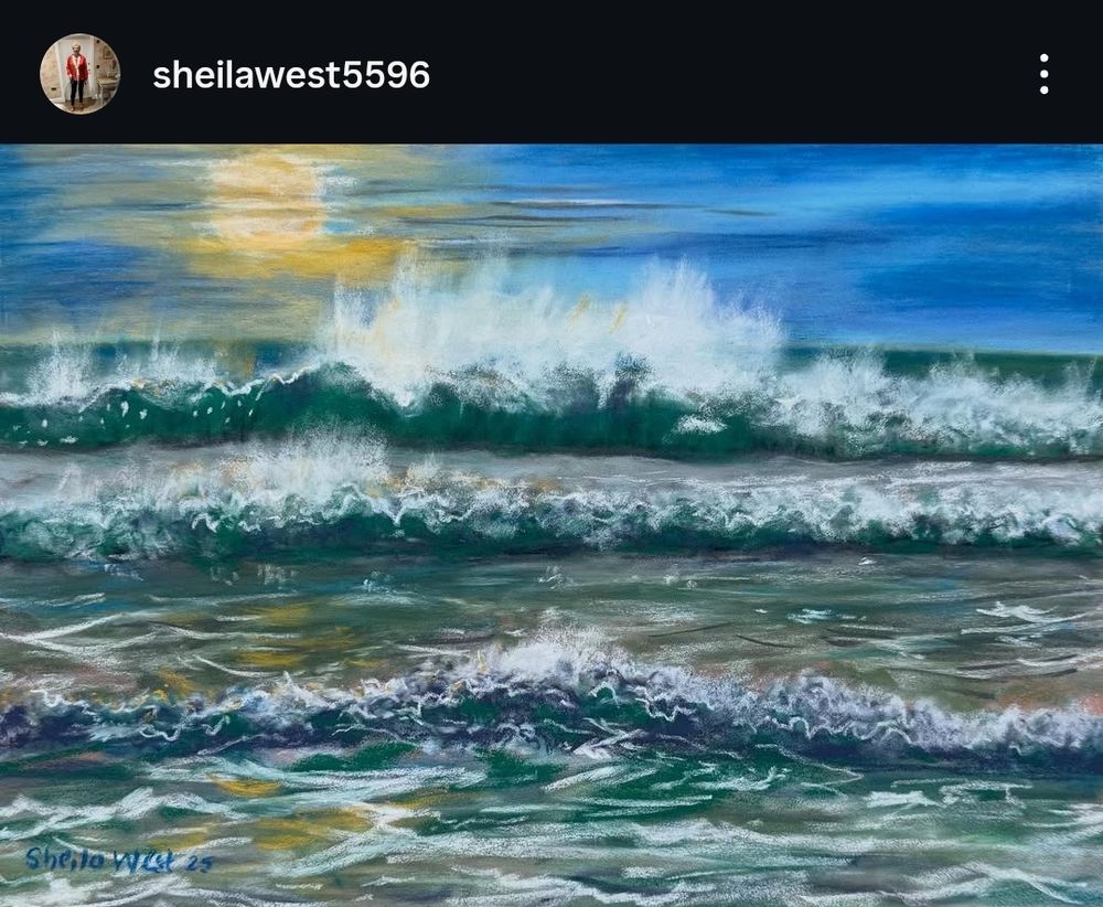 Painting of waves breaking on the shore with a watery sun in the background.