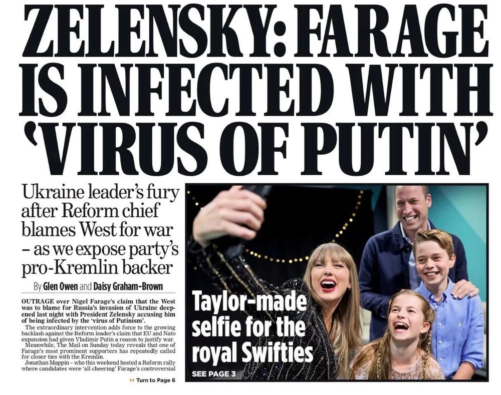Newspaper clipping (from the Mail on Sunday 23 June 2024) Headline: Zelensky: Farage is infected with 'virus of Putin'. Subheading: Ukraine leader's fury after Reform chief blames West fornwar - as we expose party's pro-Kremlin backer. Authors: Glen Owen and Daisy Graham-Brown.
