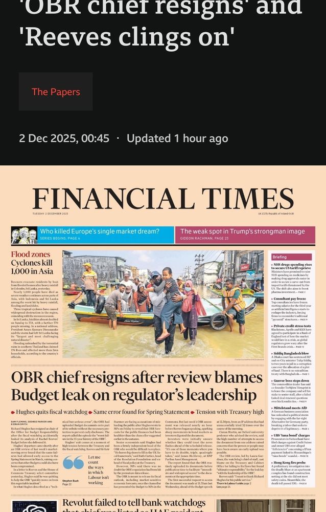 Financial Times front page image, headlined 'OBR chief resigns after review blames Budget leak on regulator's leadership' beneath BBC's own introductory headline: "'OBR chief resigns' and 'Reeves clings on'".