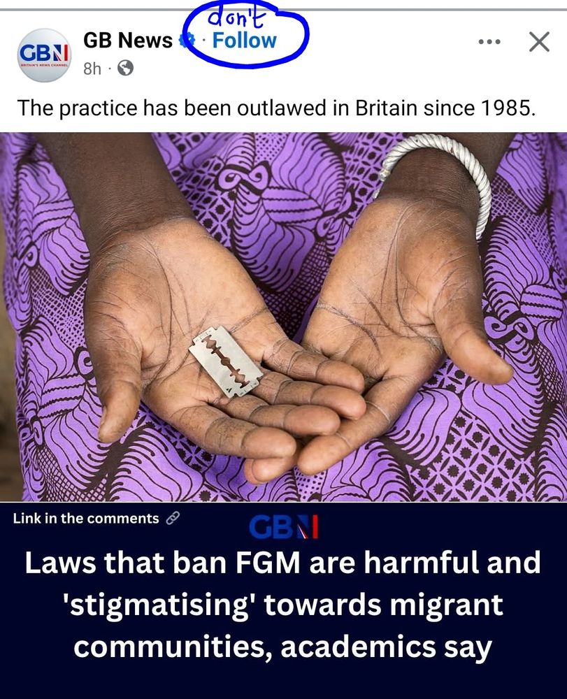 Facebook post by GB News, headline: Laws that ban FGM are harmful and 'stigmatising' towards migrant communities, academics say.