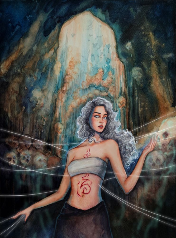 Background is a watercolor made of oranges, blues, and blacks of what appears to be a cave with skulls lining the walls (an ossuary). In the foreground is a white woman with silver curly hair from mid-thigh up with one arm stretched out palm up and the other reaching out palm down. Her eyes are glowing silver and there is a bloodied symbol across her chest and abdomen. She is dressed in brown pants and a cream band across her chest. Silver threads extend from her body and hands 