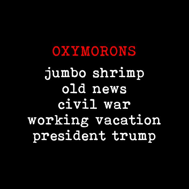 OXYMORONS: jumbo shrimp, old news, civil war, working vacation, president trump